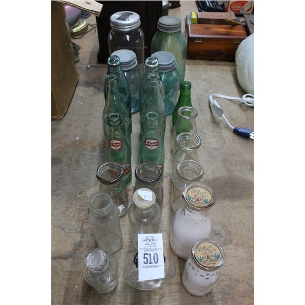 Asst. Vintage Soda Bottle, Jars, Mason Jars