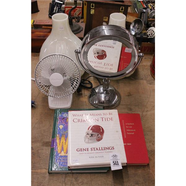 Milk Glass Lamp Shades 2, Mag Light, Table Top Fan, Asst. Books
