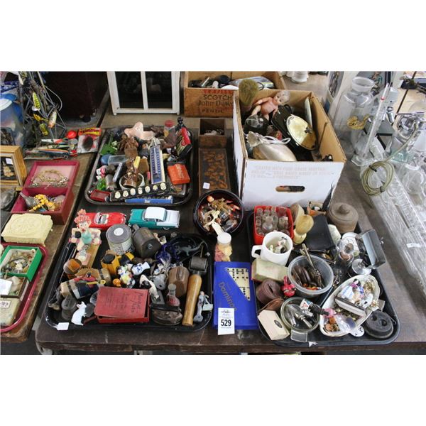 Asst. Vintage Figurines, Hand Tools, Brushes, Toys, Tins