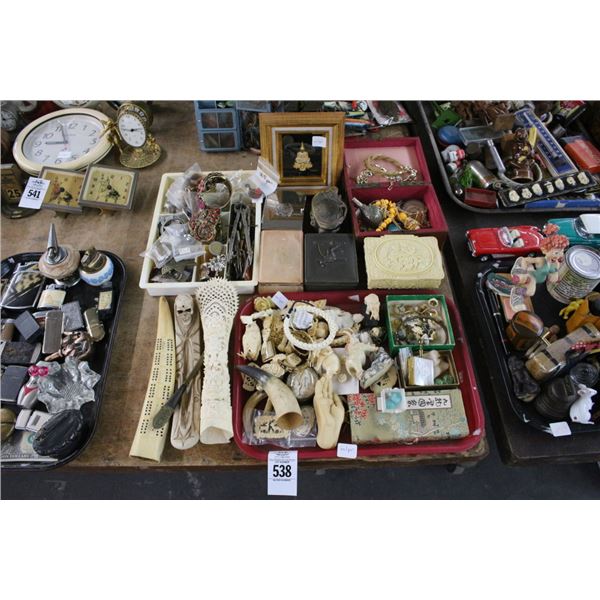 Asst. Ivory Style Carved Hand Tools, Chests, Horns, Jewelry