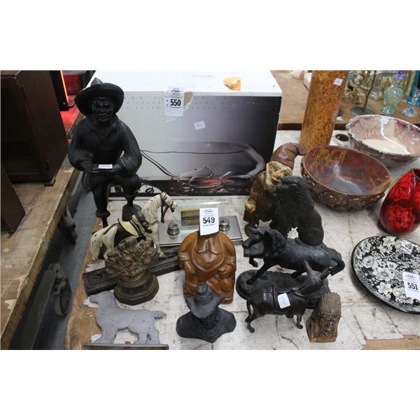 Asst. Hand Carved/Cast Iron Figurines Buddha, Farmer, Horses