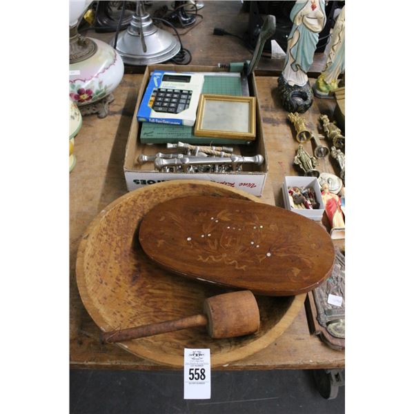 Wood Carved Bowl, SS Toilet Paper Holder, Calculator, Paper Cutter