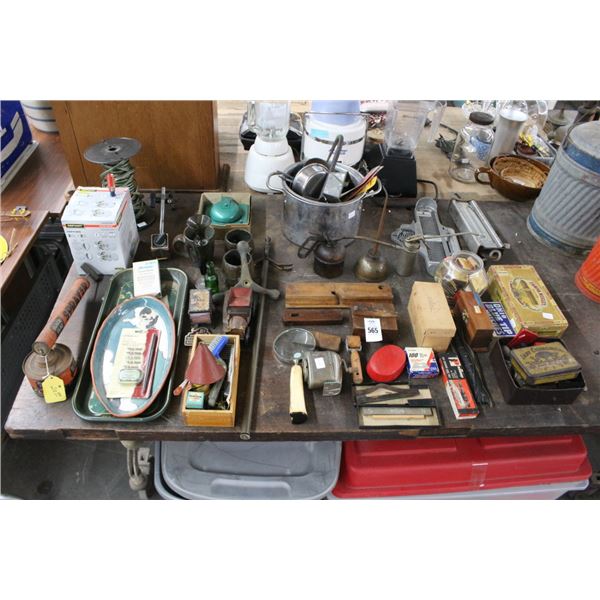 Asst. Wood Tools, Jar w/Matches, Weight Scale, Shoe Scale, Christmas Décor in Bins