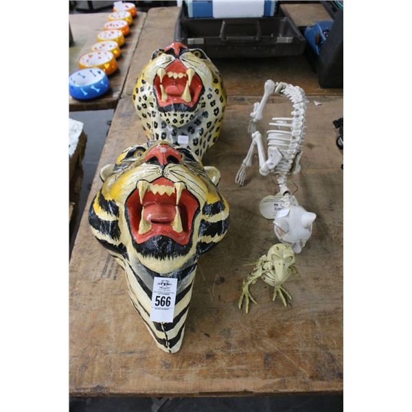 Wood Carved Hand Painted Jaguar Heads, Cat/Bird Skeleton