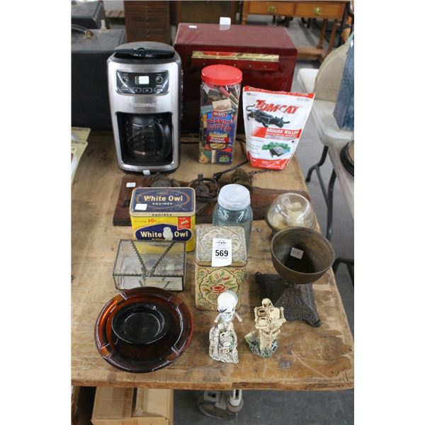 Coffee Maker, Matches, Mouse Killer, Asst. Vintage Figurines, Tins