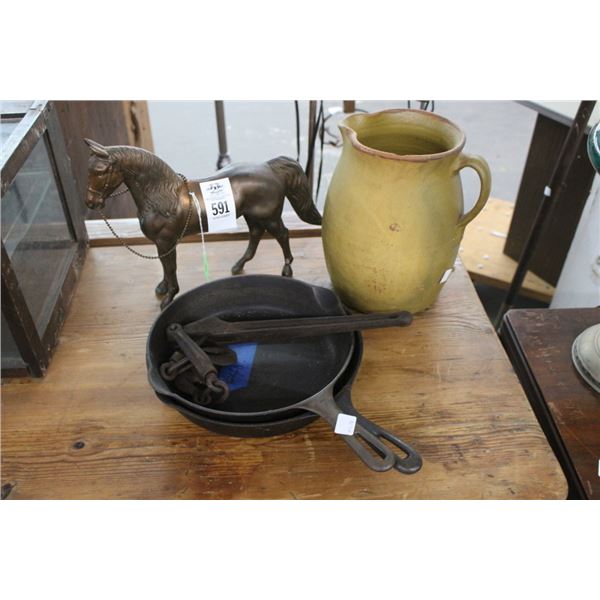 Brass Horse Décor, Clay Pitcher, Cast Iron Skillets