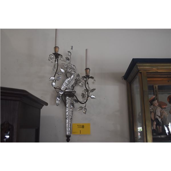 PAIR VINTAGE CRYSTAL WALL SCONCES, PARROT & FLORAL MOTIF (23") (PAIR)
