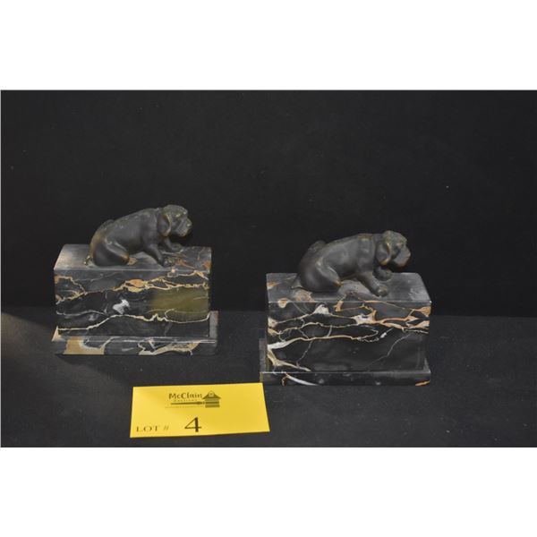 BRONZE & MARBLE BOOK ENDS W/DOG MOTIF (2 PCS)