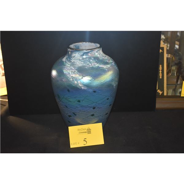11 3/4" HAND BLOWN ART GLASS VASE; SIGNED TOM STOENER 2001