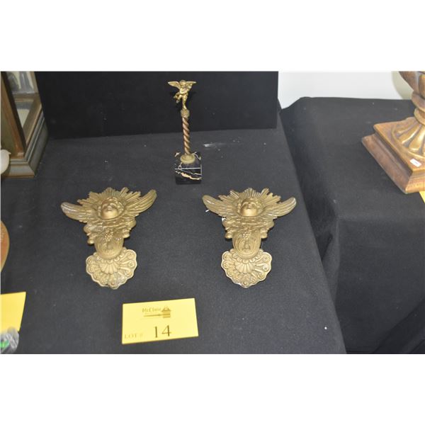 ANTIQUE FRENCH STYLE CHERUB WALL HANGINGS & GILDED CHERUB ON MARBLE BASE (3 PCS)