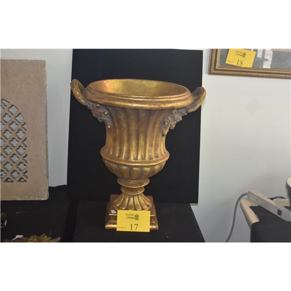 ANTIQUE STYLE GOLD URN PLANTER W/ORNATE HANDLES (18 3/4")