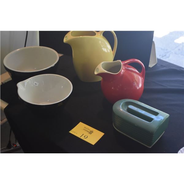 COLLECTION OF HALL POTTERY BOWLS, PITCHERS & WESTINGHOUSE COVERED DISH (5 PCS)