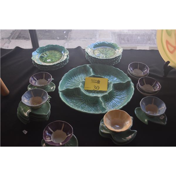 COLLECTION OF MID CENTURY FLOWER LOTUS CUPS W/LEAF SAUCERS, WEDGWOOD CABBAGE LEAF PLATES & DIVIDED C