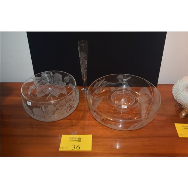ETCHED GLASS BOWLS & BUD VASE (3 PCS)