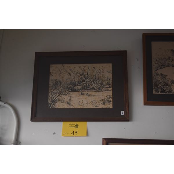 KOA FRAMED BLOCK PRINT, "HUILUA FISH POND"; SIGNED TEDDI SCHOLZ 40/50 (17 1/4" X 13 1/4")