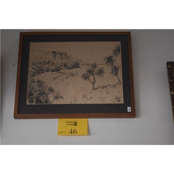 KOA FRAMED BLOCK PRINT, "LUMAHAI BEACH, KAUAI"; SIGNED TEDDI SCHOLZ (17 1/2" X 14")