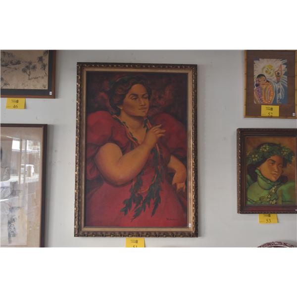 FRAMED OIL ON CANVAS, HAWAIIAN LADY W/LEI; SIGNED NAHO'OLEWA (ERNEST) (28" X 40")