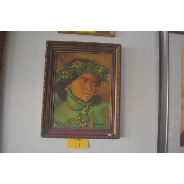 FRAMED PAINTING, "MAILE WAHINE"; SIGNED NAHO'OLEWA (ERNEST) (15 1/2" X 19 1/2")