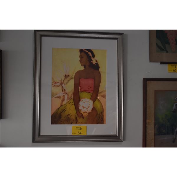 FRAMED PRINT, HULA DANCER 1954 BY JOHN KELLY OF ROYAL HAWAIIAN HOTEL DINNER MENU W/HAWAIIAN IDYLL BO