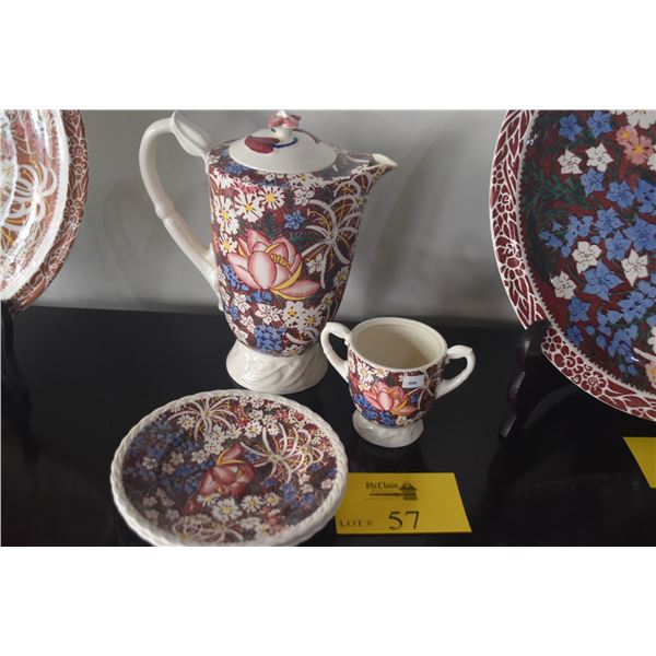 VERNON KILNS DON BLANDING "HAWAII" PATTERN 10 3/4" COFFEE POT, 7 1/2" PLATES & SUGAR BOWL (LEI LANI 