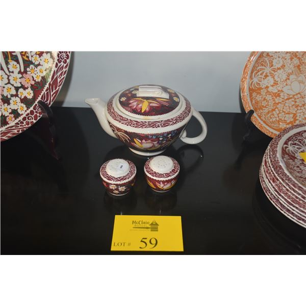 VERNON KILNS DON BLANDING "LEI LANI" PATTERN TEAPOT & SALT & PEPPER SHAKERS (3 PCS)