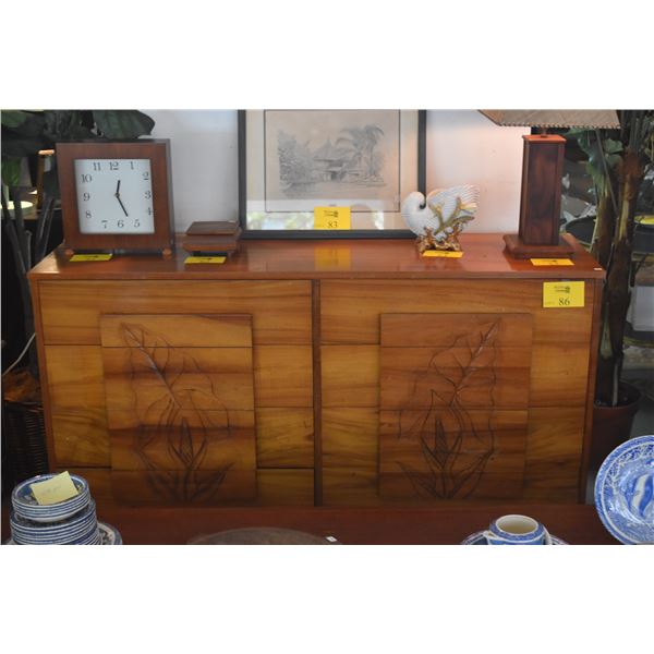 VINTAGE HAWAIIAN KOA 8 DRAWER DRESSER W/CARVED APE (TARO) FLOWERS (16" X 18" X 33")