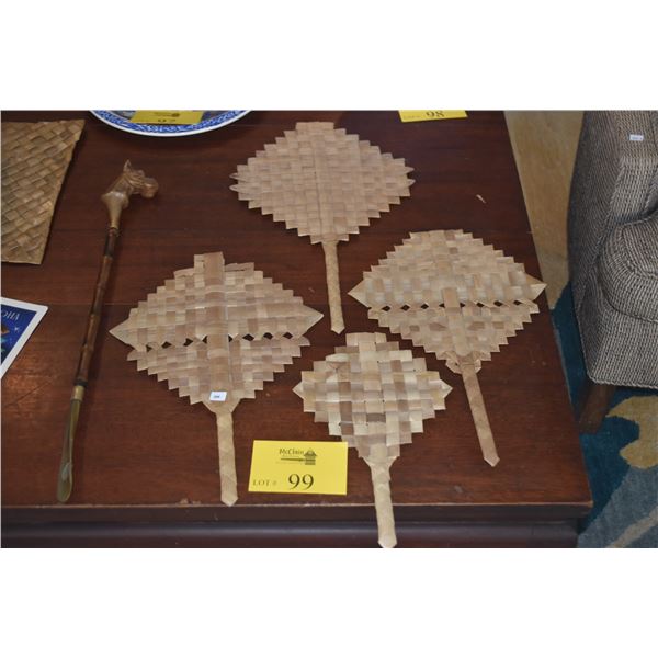 MIXED LOT: WOVEN LAUHALA FANS & SHOE HORN W/DOG MOTIF (5 PCS)