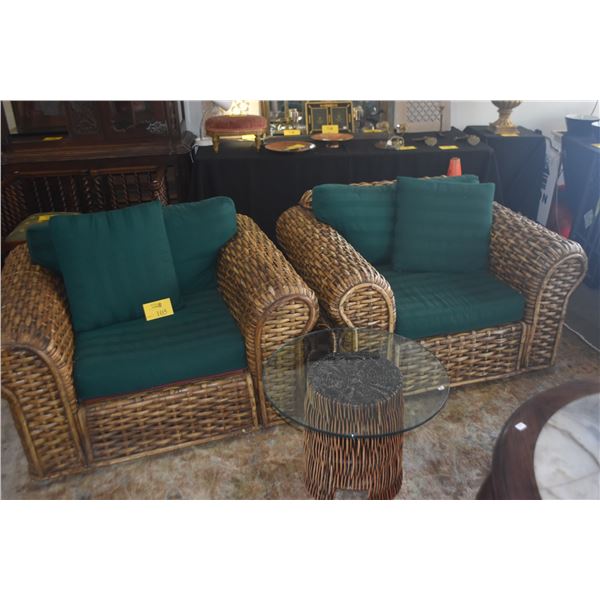 WOVEN RATTAN LOUNGE CHAIRS W/CUSHIONS & GLASS TOP TABLE (3 PCS)