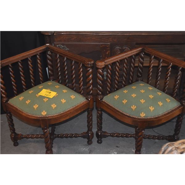 PAIR BARLEY TWIST CORNER ARM CHAIRS W/UPHOLSTERED SEATS (PAIR)