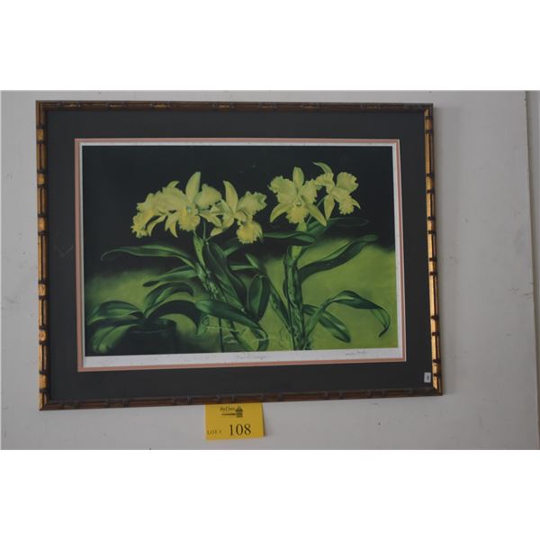 VINTAGE FRAMED PRINT, YELLOW ORCHIDS "APRICOT DELIGHT"; SIGNED M. KOSKI, AP 4/60 (30" X 22 1/2")