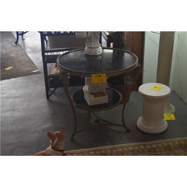 PAIR FRENCH LOUIS XVI STYLE 2 TIER BRONZE & MARBLE GUERIDONS W/RAMS HEAD & HOOF FEET (27 1/2" X 27 1