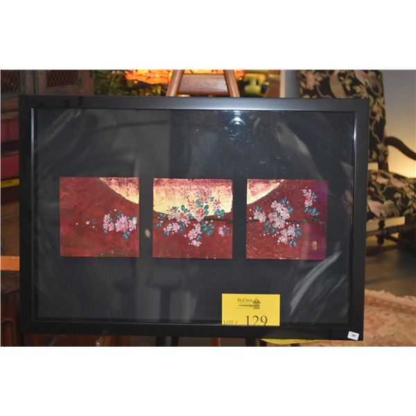 FRAMED JAPANESE 3 PANEL ACRYLIC CHERRY BLOSSOM PAINTING; CHOP SIGNED (25 14" X 17 1/2")