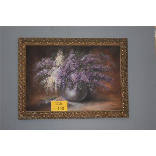 FRAMED OIL PAINTING, FLORAL STILL LIFE OF LILACS IN A VASE; SIGNED (29" X 21 1/2")