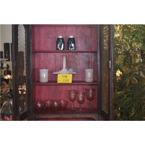 VINTAGE DECO MCKEE SALT & PEPPER SHAKERS, PINK SWIRL CUPS & STEMWARE, PINK MILK GLASS CUPS & BASKET 