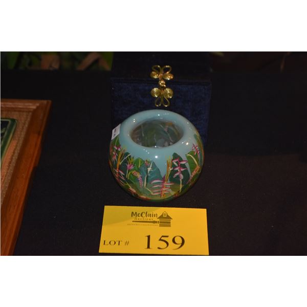 FRAMED CERAMIC LEAF TILE BY BOB HOENIG (MAUI) & REVERSE PAINTED CANDLE HOLDER (2 PCS)