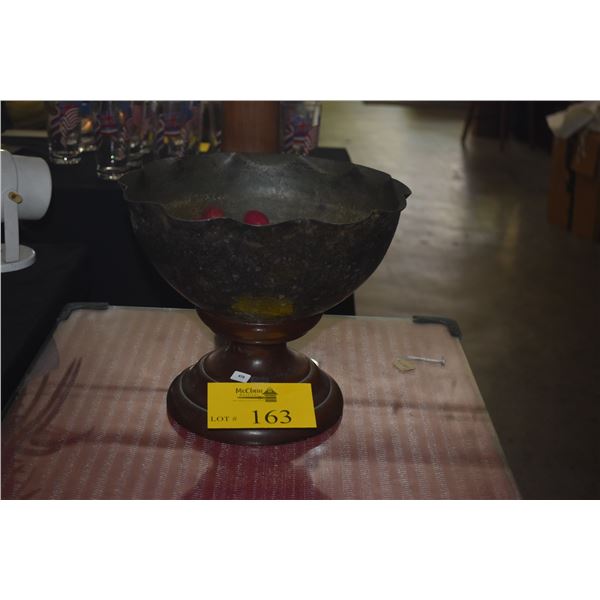 METAL BOWL ON TURNED PEDESTAL BASE (12" X 10")