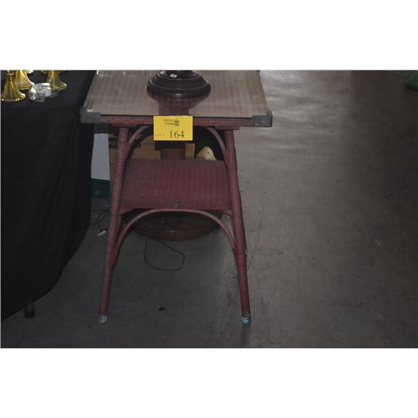 VINTAGE WICKER TABLE W/GLASS TOP (21" X 21" X 28")