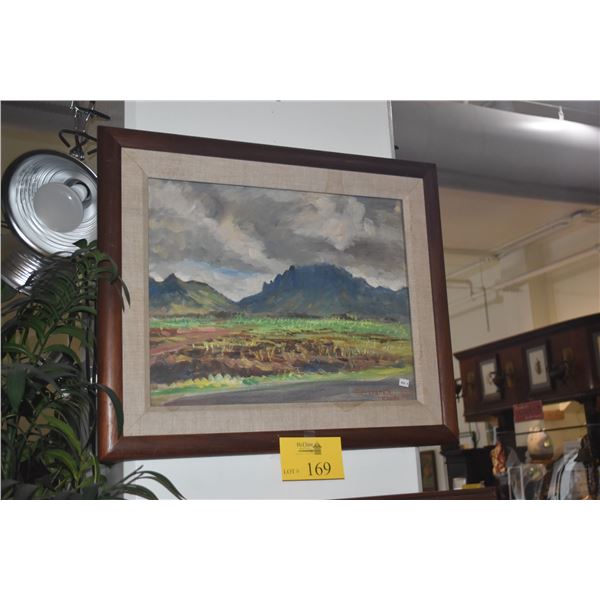 KOA FRAMED LANDSCAPE PAINTING; SIGNED S. HIRONAKA, KAUAI '65 (24 3/4" X 20 3/4")