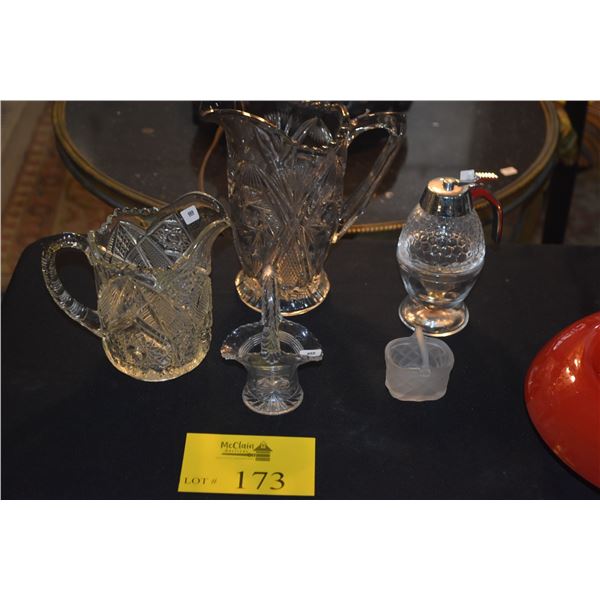 GLASS PITCHERS, BASKETS & HONEY DISPENSER (5 PCS)