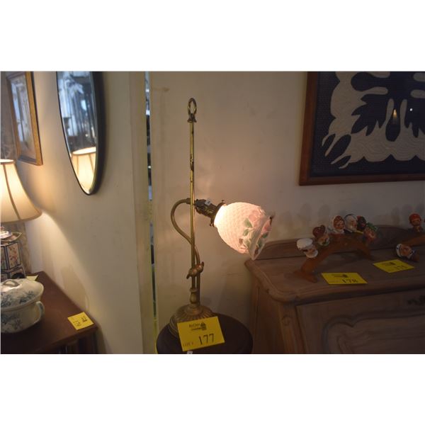 VINTAGE BRASS DESK LAMP W/ADJUSTABLE GOOSE NECK DESIGN & GLASS SHADE