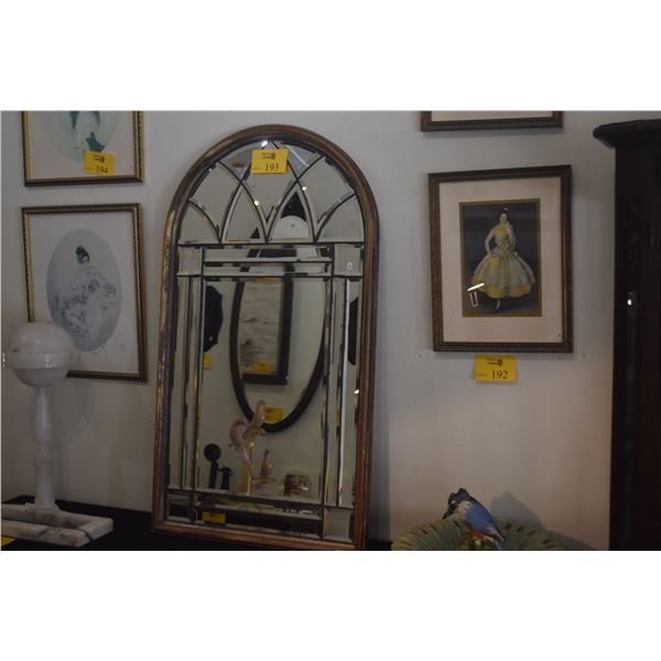 FRAMED BEVELED WALL MIRROR, ARCHED CATHEDRAL WINDOW DESIGN (26" X 46")