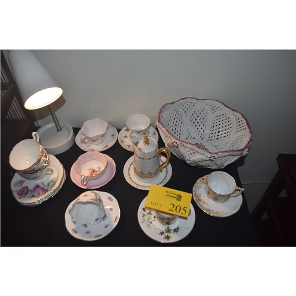 COLLECTION OF TEA CUPS & SAUCERS & LACE CERAMIC BOWL