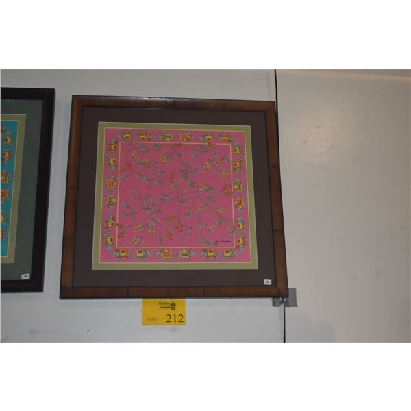 FRAMED PINK THAI SILK SCARF W/ELEPHANTS; SIGNED JIM THOMPSON (22 1/2" X 22")