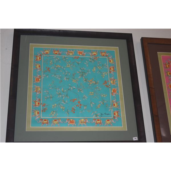FRAMED TURQUOISE THAI SILK SCARF W/ELEPHANTS; SIGNED JIM THOMPSON (22 1/2" X 22")