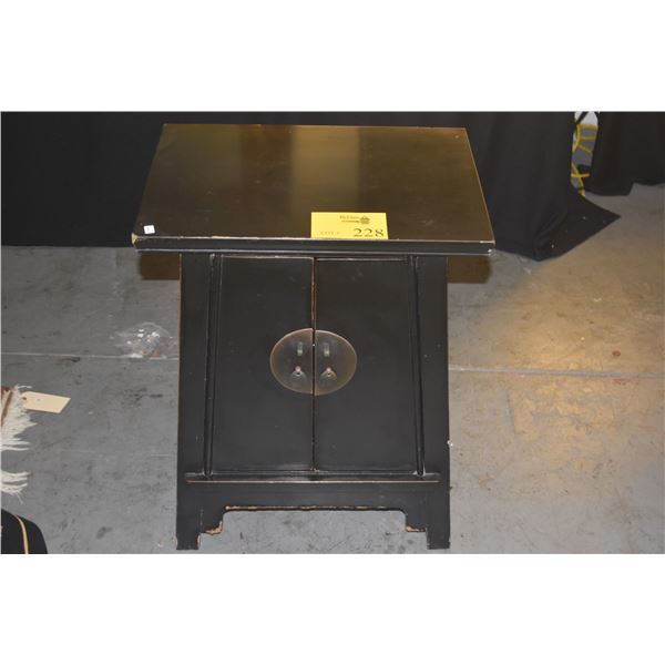 BLACK LACQUER SMALL CABINET W/2 DOORS, 1 SHELF (20" X 14" X 27 1/2")