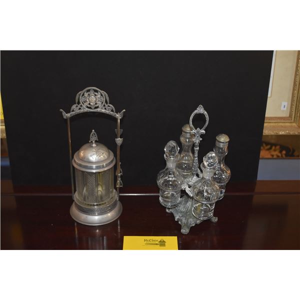 VICTORIAN ERA CONDIMENT CRUET SET & PICKLE CASTER W/TONGS (3 PCS)