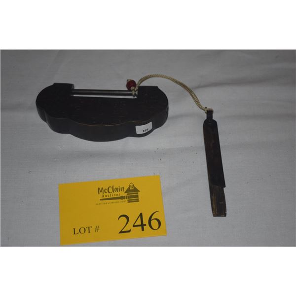 LARGE CHINESE BRASS CABINET LOCK & KEY (5 3/4" OUTSIDE & 3" INSIDE) (DOES NOT INCLUDE STAND)