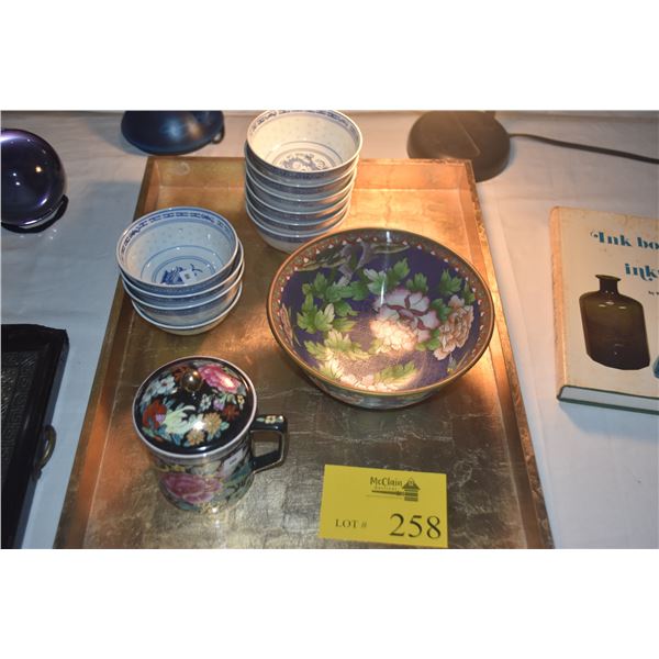 CLOISONNE BOWL, CHINESE "RICE GRAIN" BOWLS & CHINESE MUG (12 PCS)