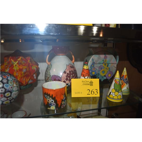 CLARICE CLIFF SALT & PEPPER SHAKERS, ART DECO BESWICK JUG, DOUBLE HANDLED VASE & CUP (6 PFCS)