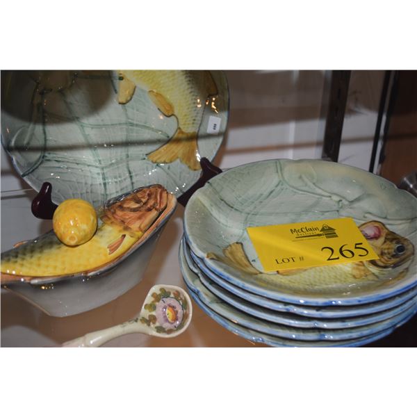 VINTAGE MAJOLICA FISH PLATES, COVERED BOWL & SPOON (8 PCS) (DOES NOT INCLUDE STAND)